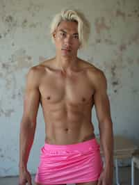 man as with platinum blonde hair and pink latex skirt