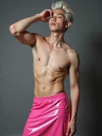 man as with platinum blonde hair and pink latex skirt