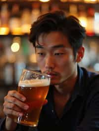 man in a busy bar drinking beer. holding an intact pint glass mug of beer