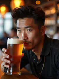 man in a busy bar drinking beer. holding an intact pint glass mug of beer