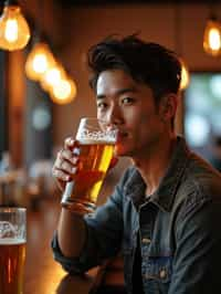 man in a busy bar drinking beer. holding an intact pint glass mug of beer