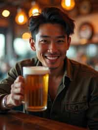 man in a busy bar drinking beer. holding an intact pint glass mug of beer