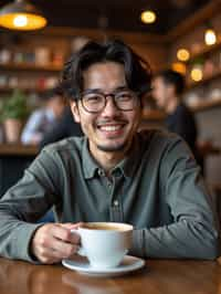  man in hipster coffee place with coffee cup on table