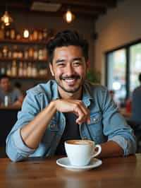  man in hipster coffee place with coffee cup on table