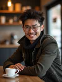  man in hipster coffee place with coffee cup on table