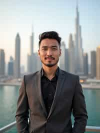 man standing in front of city skyline viewpoint in Dubai with city skyline in background