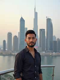 man standing in front of city skyline viewpoint in Dubai with city skyline in background