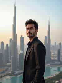 man standing in front of city skyline viewpoint in Dubai with city skyline in background