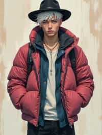 full body of a street punk man student, blue eyes, bubble jacket, hat, white hair by atey ghailan, by greg rutkowski, by greg tocchini, by james gilleard, by joe fenton, by kaethe butcher, gradient pink, black, brown and light blue color scheme, grunge aesthetic