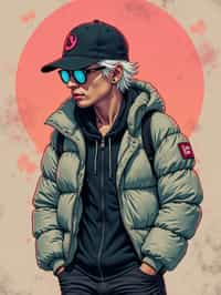 full body of a street punk man student, blue eyes, bubble jacket, hat, white hair by atey ghailan, by greg rutkowski, by greg tocchini, by james gilleard, by joe fenton, by kaethe butcher, gradient pink, black, brown and light blue color scheme, grunge aesthetic