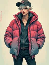 full body of a street punk man student, blue eyes, bubble jacket, hat, white hair by atey ghailan, by greg rutkowski, by greg tocchini, by james gilleard, by joe fenton, by kaethe butcher, gradient pink, black, brown and light blue color scheme, grunge aesthetic