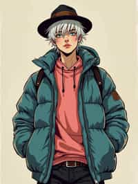 full body of a street punk man student, blue eyes, bubble jacket, hat, white hair by atey ghailan, by greg rutkowski, by greg tocchini, by james gilleard, by joe fenton, by kaethe butcher, gradient pink, black, brown and light blue color scheme, grunge aesthetic