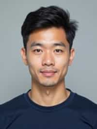 man as official passport photo for government documents. wearing a dark blue navy t-shirt. photorealistic. light gray background. entire face visible. entire head visible