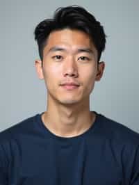 man as official passport photo for government documents. wearing a dark blue navy t-shirt. photorealistic. light gray background. entire face visible. entire head visible