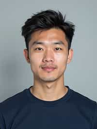 man as official passport photo for government documents. wearing a dark blue navy t-shirt. photorealistic. light gray background. entire face visible. entire head visible