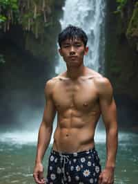 man in swim shorts  under a waterfall, wet hair