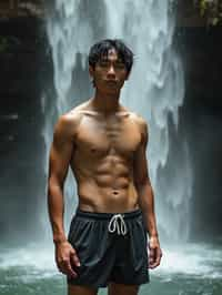 man in swim shorts  under a waterfall, wet hair