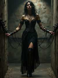 gothic man, bound by chains and barbed wire in a dungeon, very tight corset, high heels