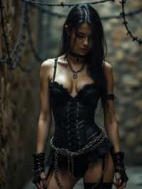 gothic man, bound by chains and barbed wire in a dungeon, very tight corset, high heels