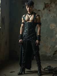 gothic man, bound by chains and barbed wire in a dungeon, very tight corset, high heels