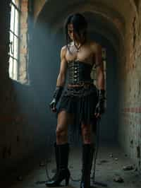 gothic man, bound by chains and barbed wire in a dungeon, very tight corset, high heels