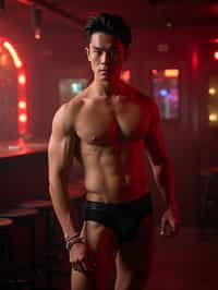 man in sexy underwear  as a chippendale  in strip club. wide shot. cinematic lighting