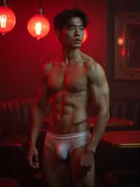 man in sexy underwear  as a chippendale  in strip club. wide shot. cinematic lighting