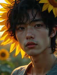 Close face shot of a man with a sunflower in hair, summer season, moody scene,, intricate, sharp details, summer vibe, gorgeous scene by gaston bussiere, craig mullins, somber lighting, drawn by giacomo burattini, inspired by graphic novel cover art, hyperrealistic, 8 k by rhads