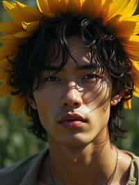 Close face shot of a man with a sunflower in hair, summer season, moody scene,, intricate, sharp details, summer vibe, gorgeous scene by gaston bussiere, craig mullins, somber lighting, drawn by giacomo burattini, inspired by graphic novel cover art, hyperrealistic, 8 k by rhads