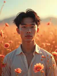 man | standing in field full of flowers | detailed gorgeous face! ! | full body! ! | god rays | intricate | elegant | realistic | hyperrealistic | cinematic | character design | concept art | illustration | digital art | digital painting | depth of field