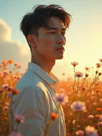 man | standing in field full of flowers | detailed gorgeous face! ! | full body! ! | god rays | intricate | elegant | realistic | hyperrealistic | cinematic | character design | concept art | illustration | digital art | digital painting | depth of field