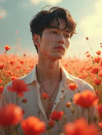 man | standing in field full of flowers | detailed gorgeous face! ! | full body! ! | god rays | intricate | elegant | realistic | hyperrealistic | cinematic | character design | concept art | illustration | digital art | digital painting | depth of field