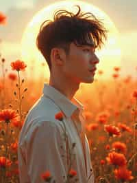 man | standing in field full of flowers | detailed gorgeous face! ! | full body! ! | god rays | intricate | elegant | realistic | hyperrealistic | cinematic | character design | concept art | illustration | digital art | digital painting | depth of field