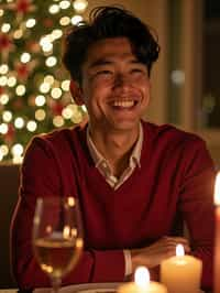 man at Christmas dinner wearing Christmas style clothes. Christmas tree in background. Christmas lights