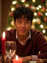 man at Christmas dinner wearing Christmas style clothes. Christmas tree in background. Christmas lights