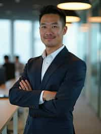 wide LinkedIn profile photo of a professional business man as a confident professional business man standing in a modern office. LinkedIn professional profile photo. most popular person on LinkedIn