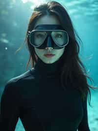 woman as a scuba diver wearing diving goggles and wearing a wetsuit