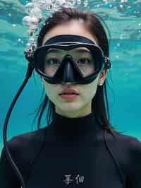 woman as a scuba diver wearing diving goggles and wearing a wetsuit