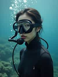 woman as a scuba diver wearing diving goggles and wearing a wetsuit