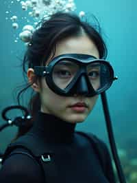 woman as a scuba diver wearing diving goggles and wearing a wetsuit