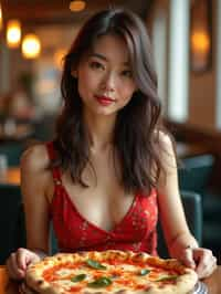 woman sitting in a restaurant eating a large pizza