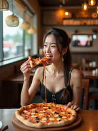 woman sitting in a restaurant eating a large pizza