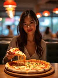 woman sitting in a restaurant eating a large pizza