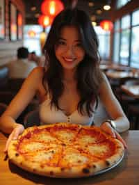 woman sitting in a restaurant eating a large pizza