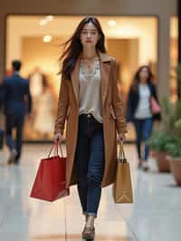 woman walking in a shopping mall, holding shopping bags. shops in background