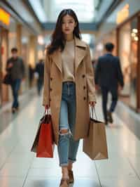 woman walking in a shopping mall, holding shopping bags. shops in background