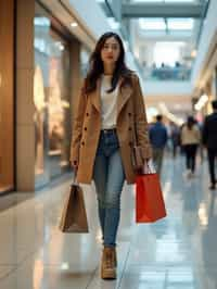 woman walking in a shopping mall, holding shopping bags. shops in background