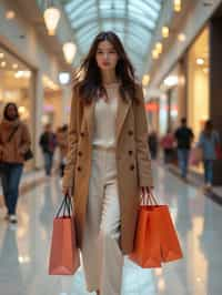 woman walking in a shopping mall, holding shopping bags. shops in background