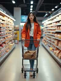 woman in Supermarket walking with Shopping Cart in the Supermarket Aisle. Background of Supermarket