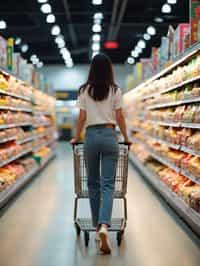 woman in Supermarket walking with Shopping Cart in the Supermarket Aisle. Background of Supermarket